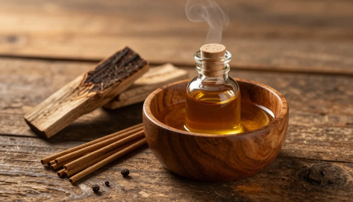sandalwood essential oil massage blend with wood pieces