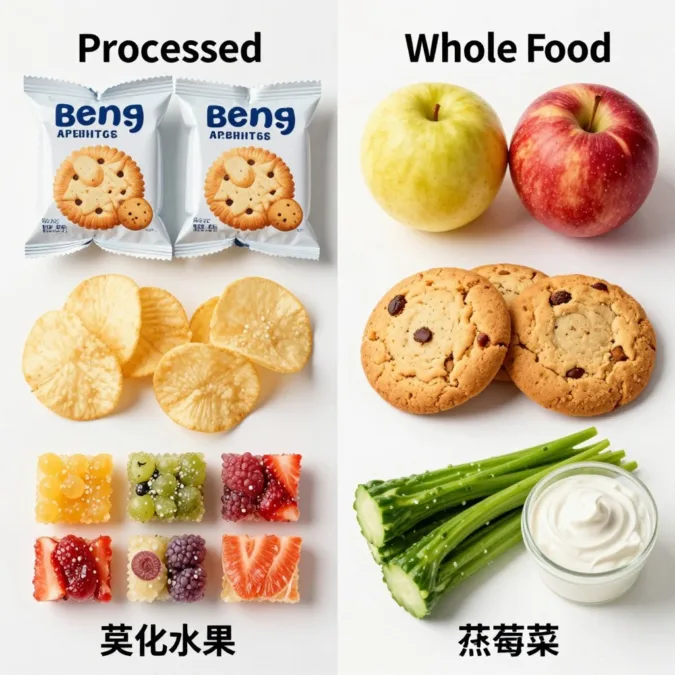 side by side comparison processed versus whole food snacks