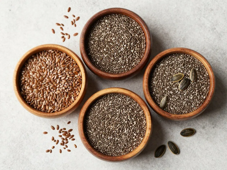 small bowls containing flax seeds chia seeds and pumpkin seeds