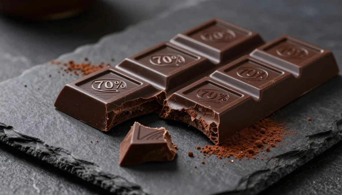 squares of dark chocolate with cocoa percentage label