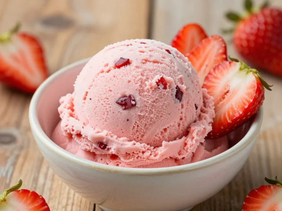 strawberry ice cream with visible fruit pieces