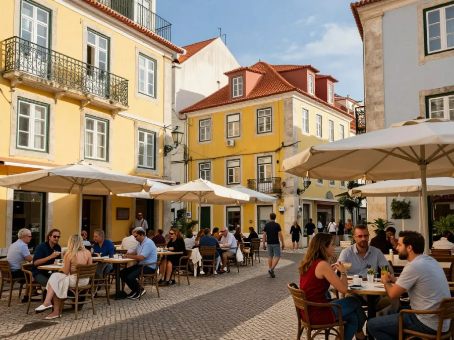 sunny Lisbon street with colorful buildings and people socializing at outdoor cafes