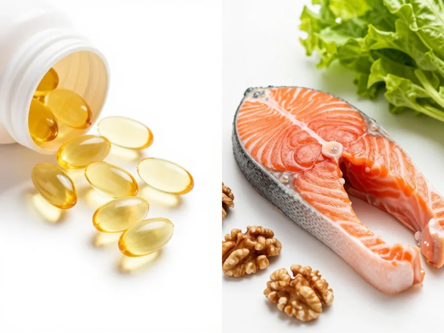 supplement pills next to fresh whole foods emphasizing food-first approach
