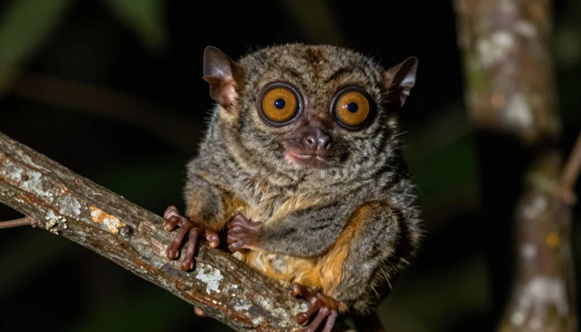 tarsier showing extraordinarily large eyes relative to head size