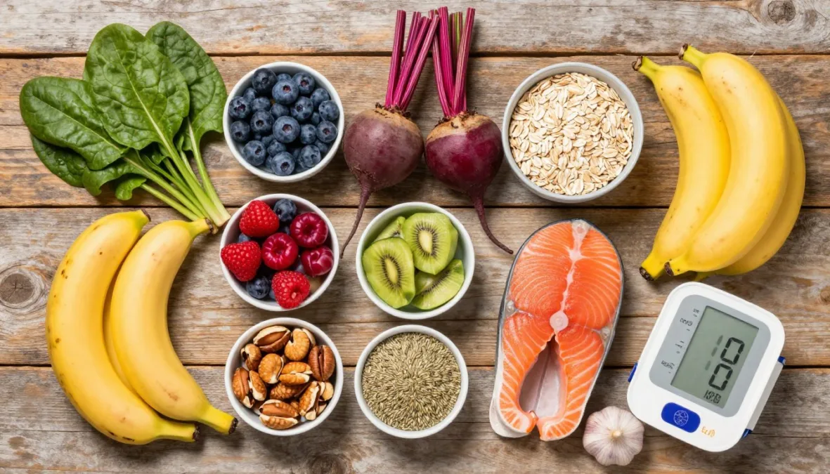 top 10 foods to lower blood pressure arranged on wooden table with fresh vegetables and heart healthy ingredients