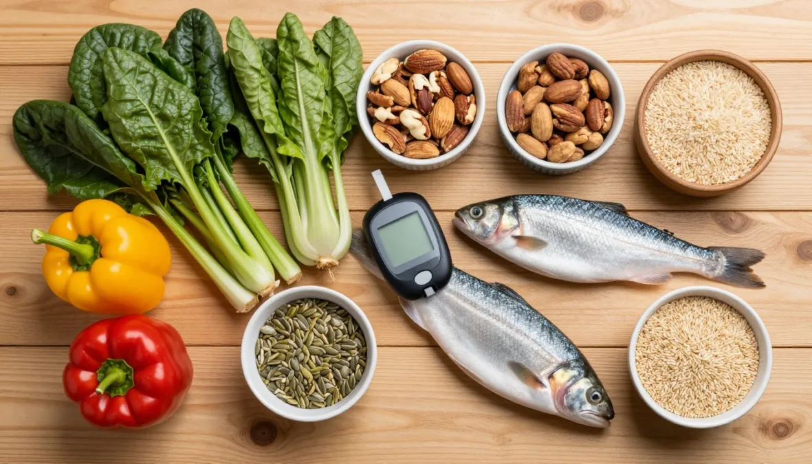 top 10 foods to lower blood sugar arranged on wooden table including leafy greens nuts and fatty fish