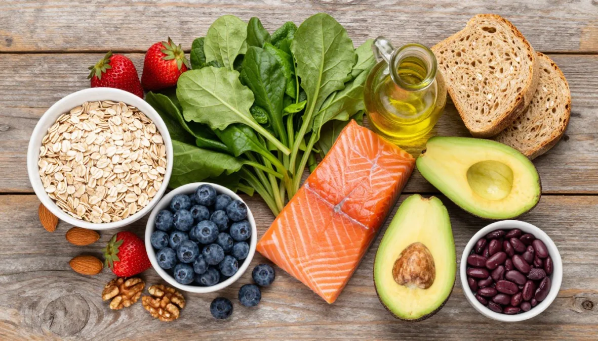 top 10 foods to lower your cholesterol arranged on a wooden table including nuts, oats, berries, and leafy vegetables