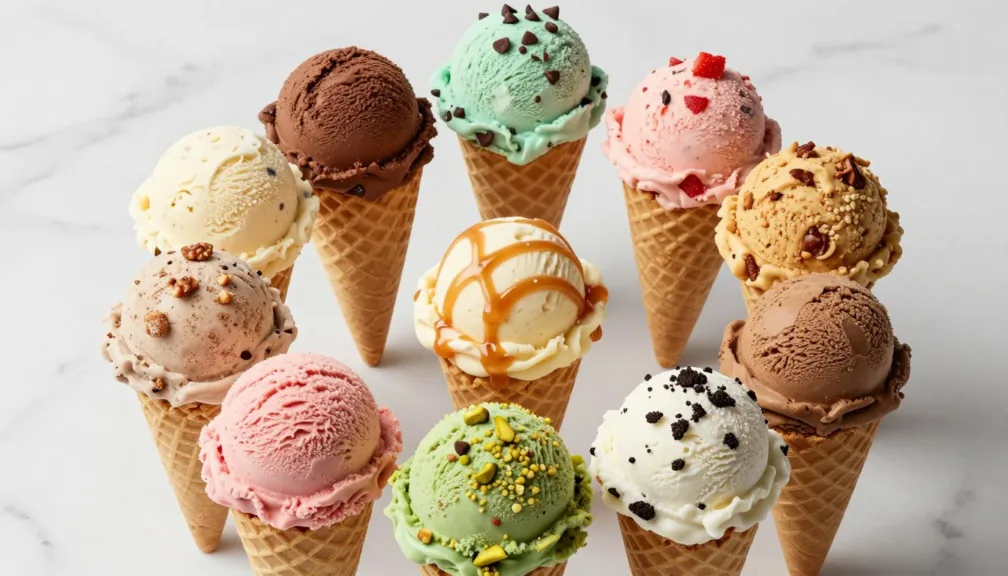 top 10 ice cream flavors displayed in colorful scoops