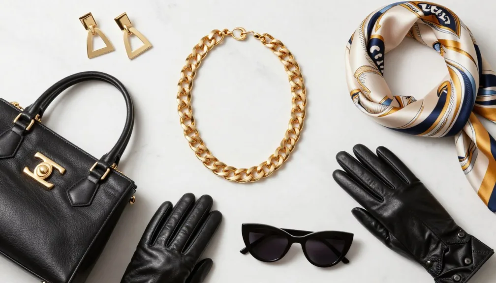 trending accessories for women 2026 displayed on marble surface including statement jewelry chunky gold necklaces oversized earrings designer handbags silk scarves and sunglasses