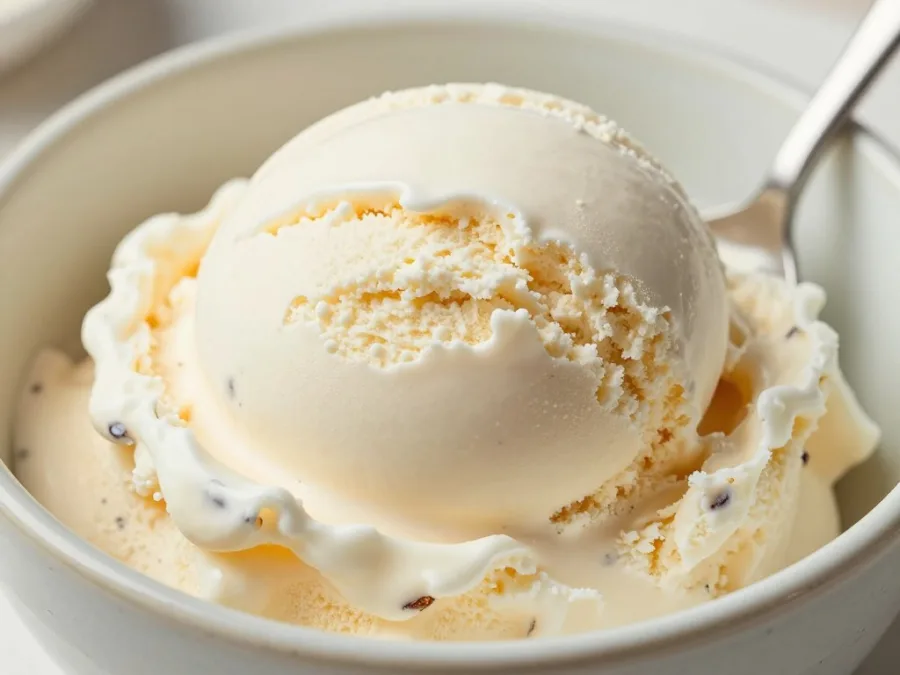 vanilla ice cream scoop with visible vanilla bean specks