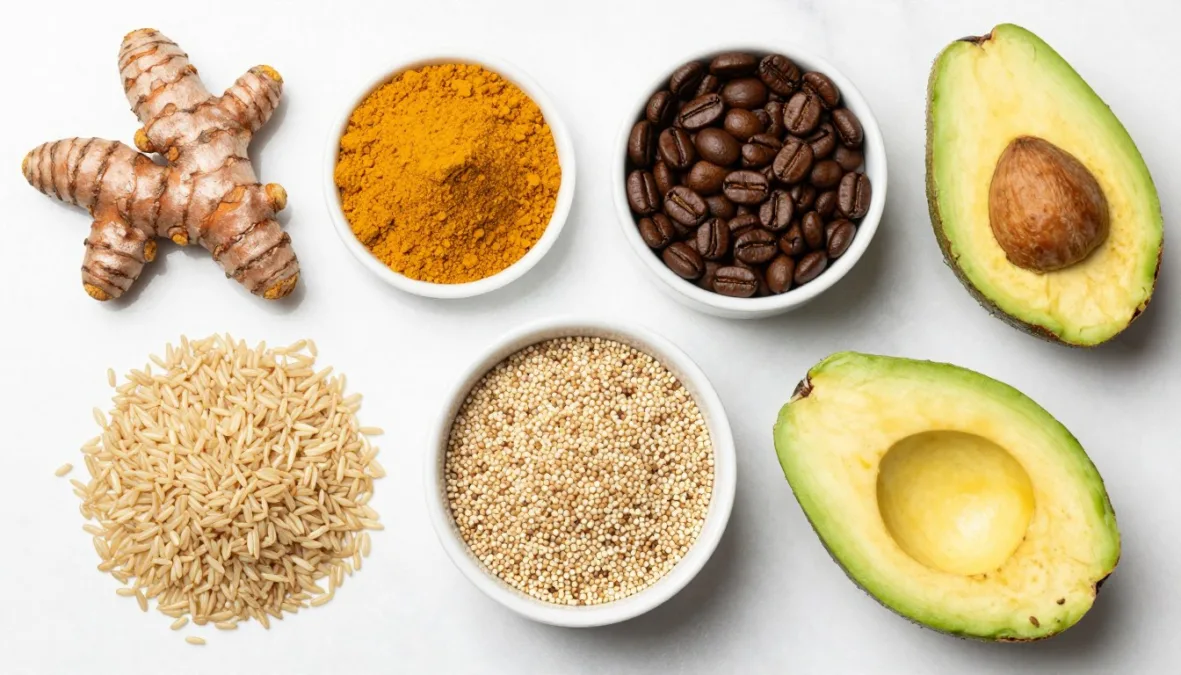 variety of brain-healthy foods including turmeric, coffee, and whole grains