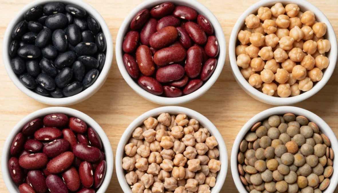 variety of colorful beans and legumes in bowls for blood sugar control