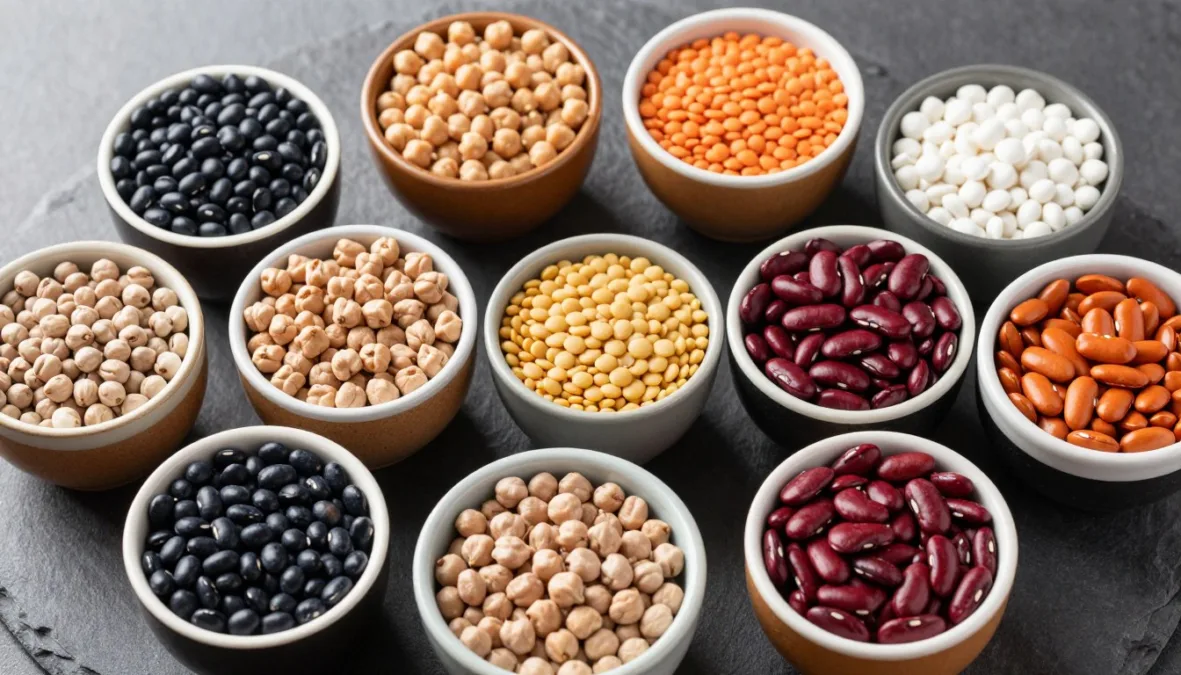 variety of colorful beans and legumes in small bowls, foods that help lower cholesterol naturally