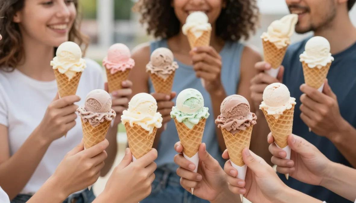 variety of ice cream flavors in cones