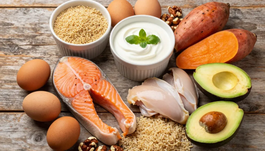 variety of nutritious foods to make hips bigger and stronger arranged on wooden table