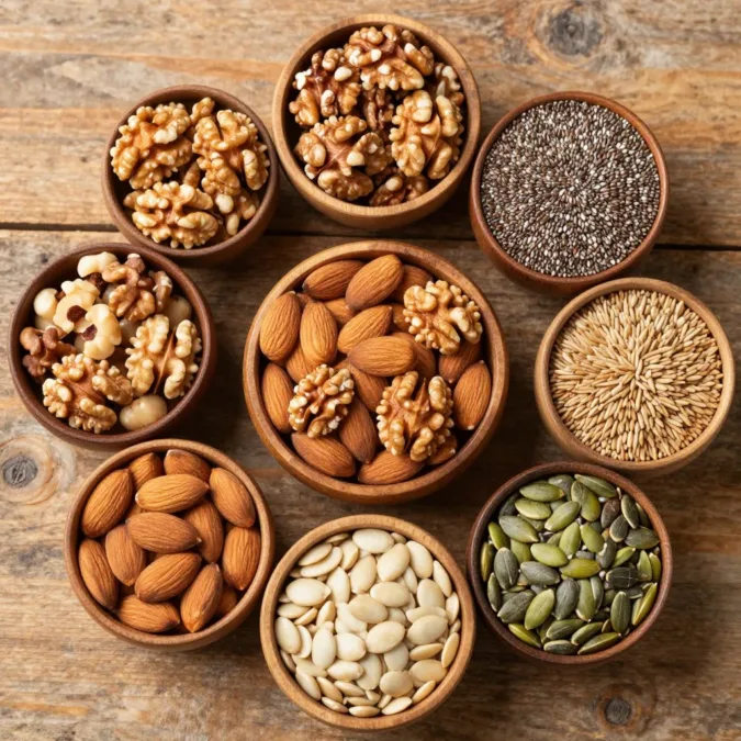 variety of nuts and seeds including almonds walnuts and chia seeds for blood sugar control