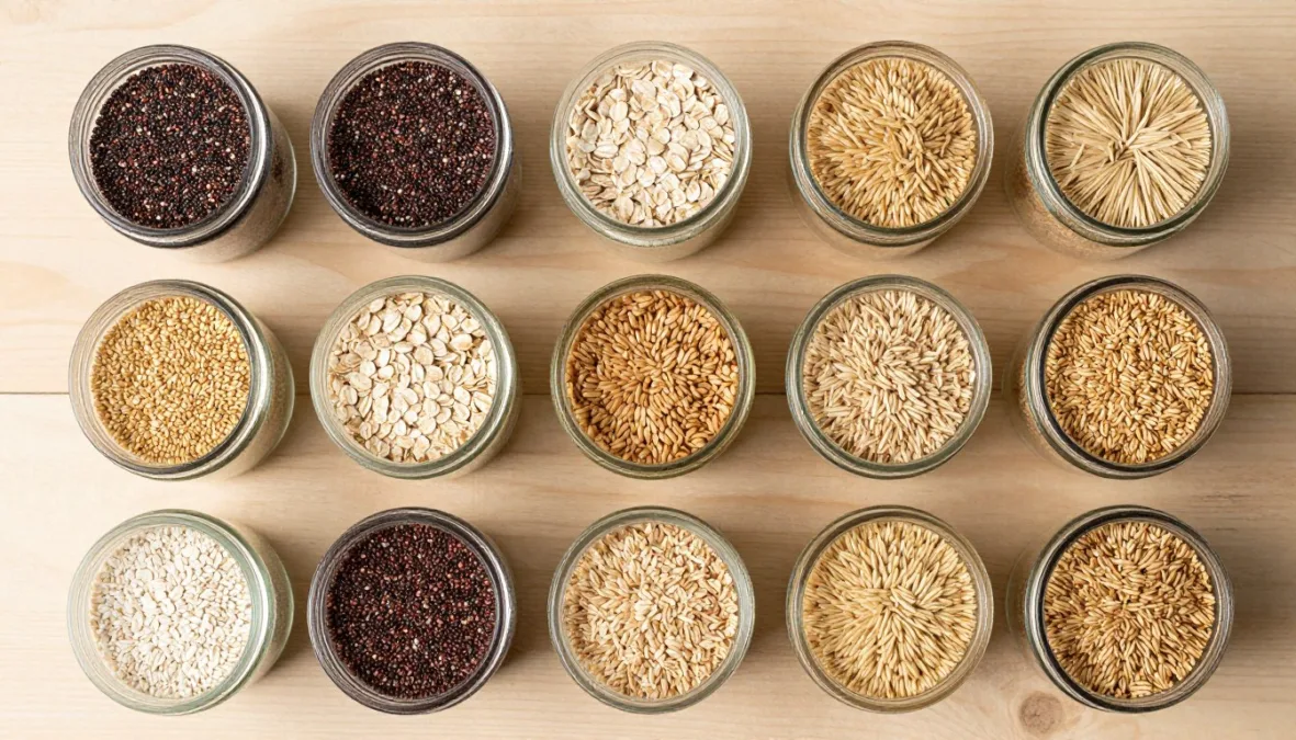 variety of whole grains including quinoa oats and brown rice