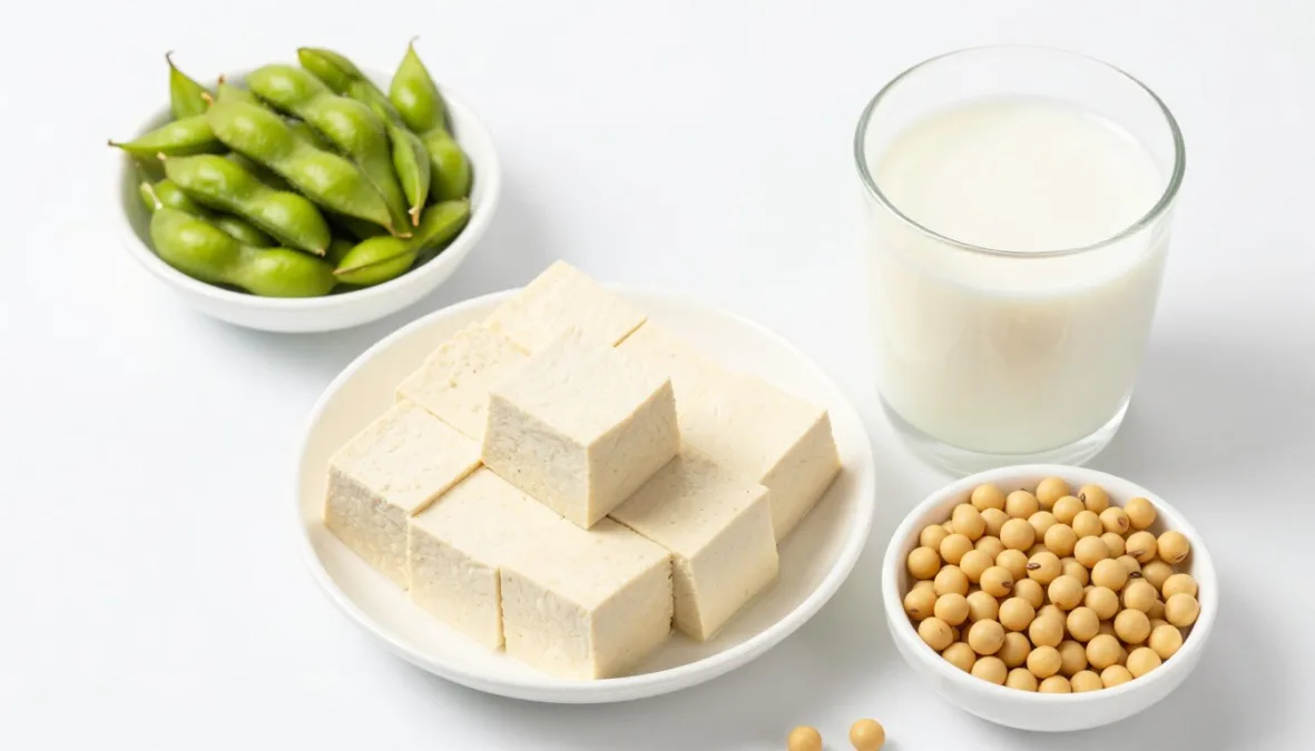 various soy products including tofu, edamame, and soy milk that help lower cholesterol