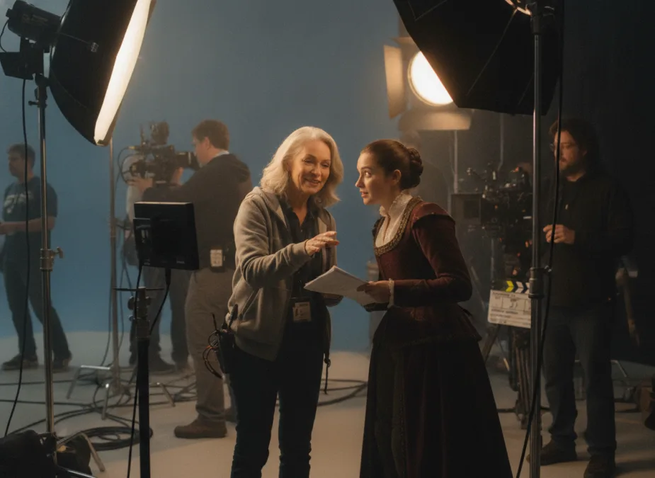 veteran actress mentoring younger performer on film set
