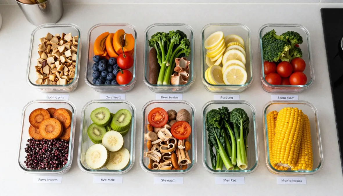 weekly meal prep containers with heart healthy foods organized