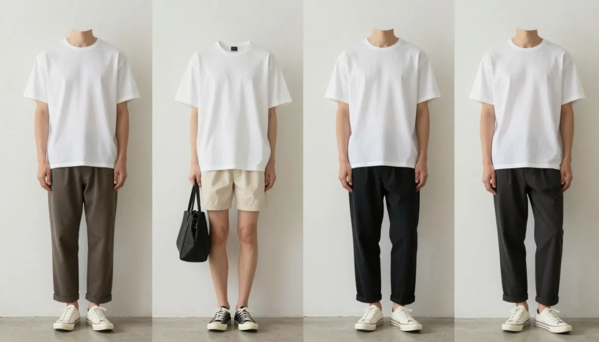 white tee styled multiple ways with different outfits