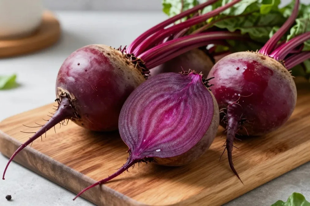 whole and sliced fresh red beets on a cutting board