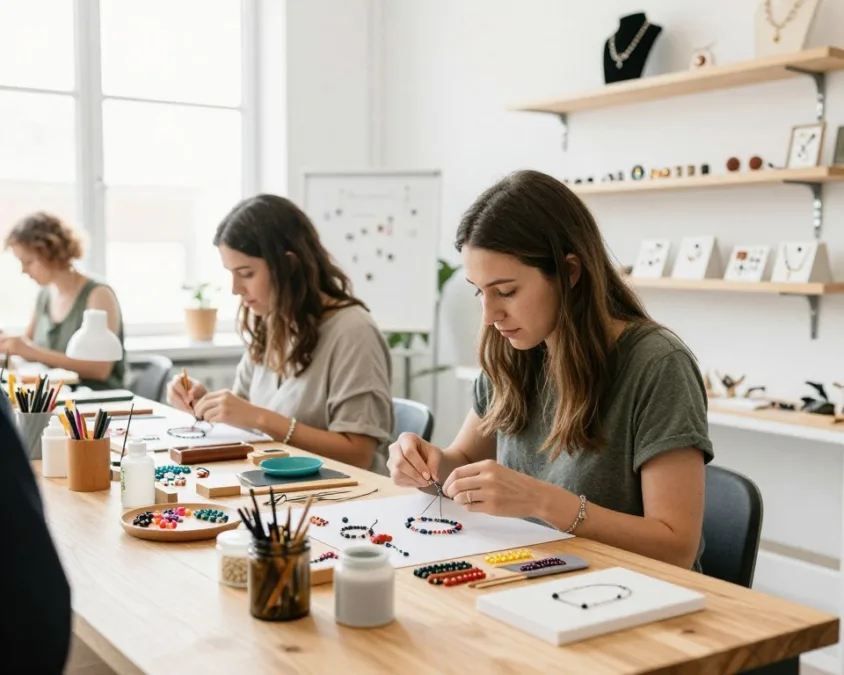 woman artisan creating handmade jewelry and crafts for online business in bright workshop