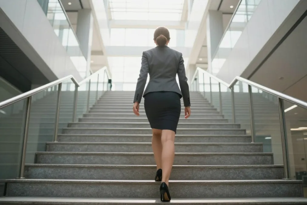 woman entrepreneur taking first steps climbing stairs representing business journey ahead