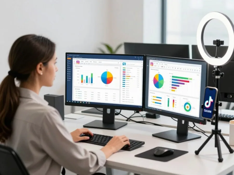 woman social media consultant analyzing metrics on multiple screens for business clients