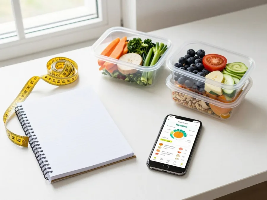 woman tracking nutrition and progress with food journal and measuring tape
