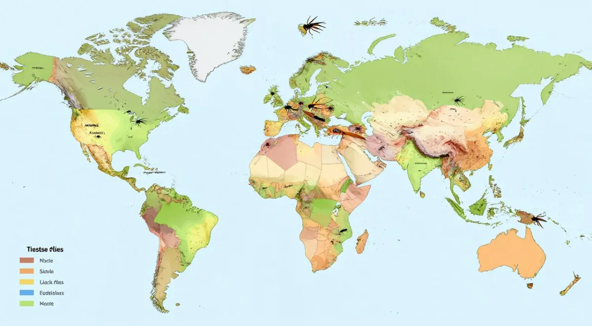 world map showing distribution zones for different dangerous fly species