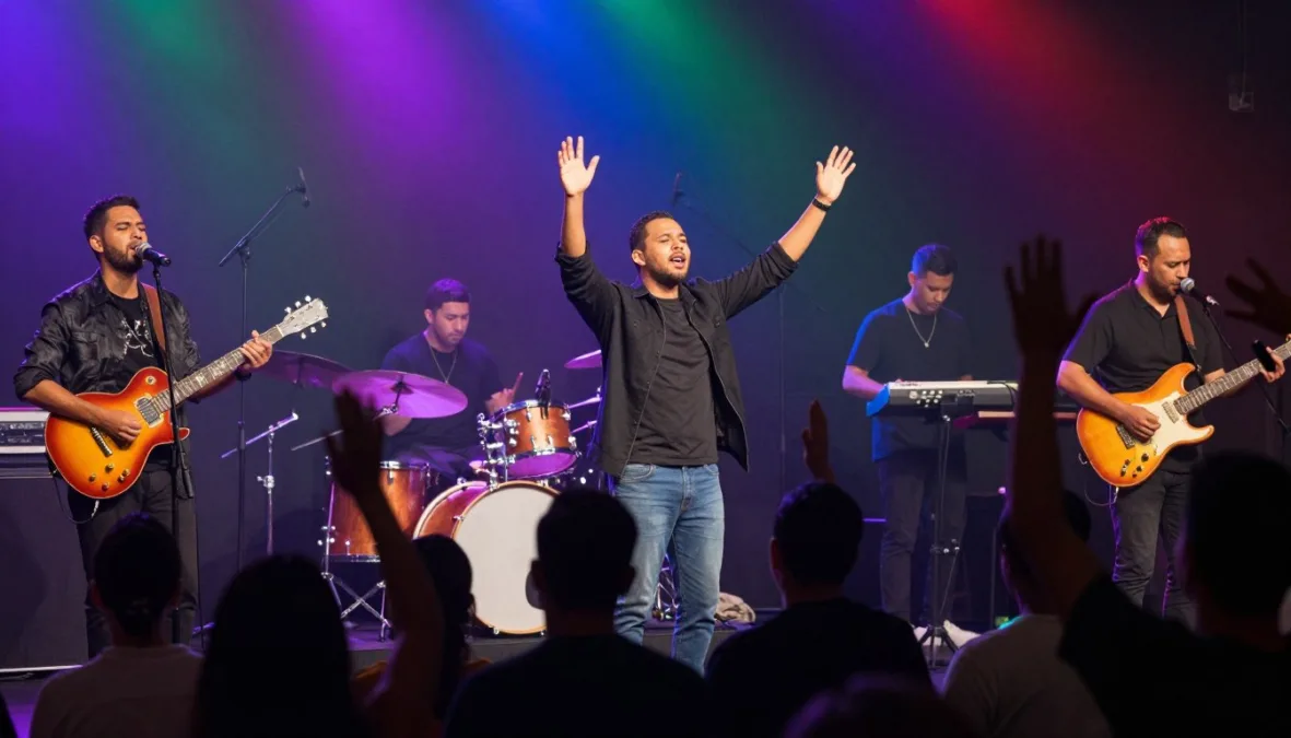 worship team leading congregation in praise with modern instruments
