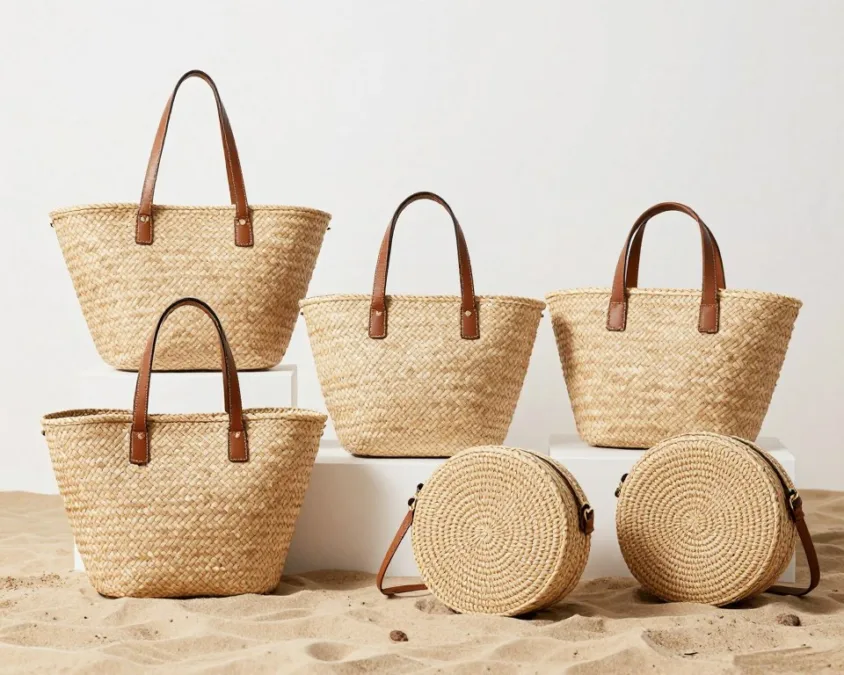 woven straw bags 2026 summer accessories natural fiber basket bags leather trim structured shapes