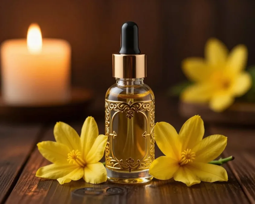 ylang ylang essential oil with tropical flowers for massage