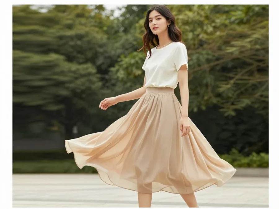 young woman wearing midi skirt styled for summer