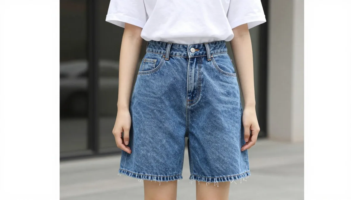 young woman wearing oversized denim shorts styled casually