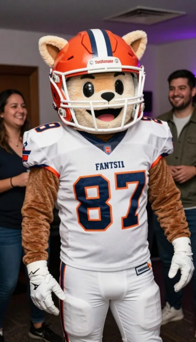 Adult wearing a playful football mascot outfit at a private fantasy league party