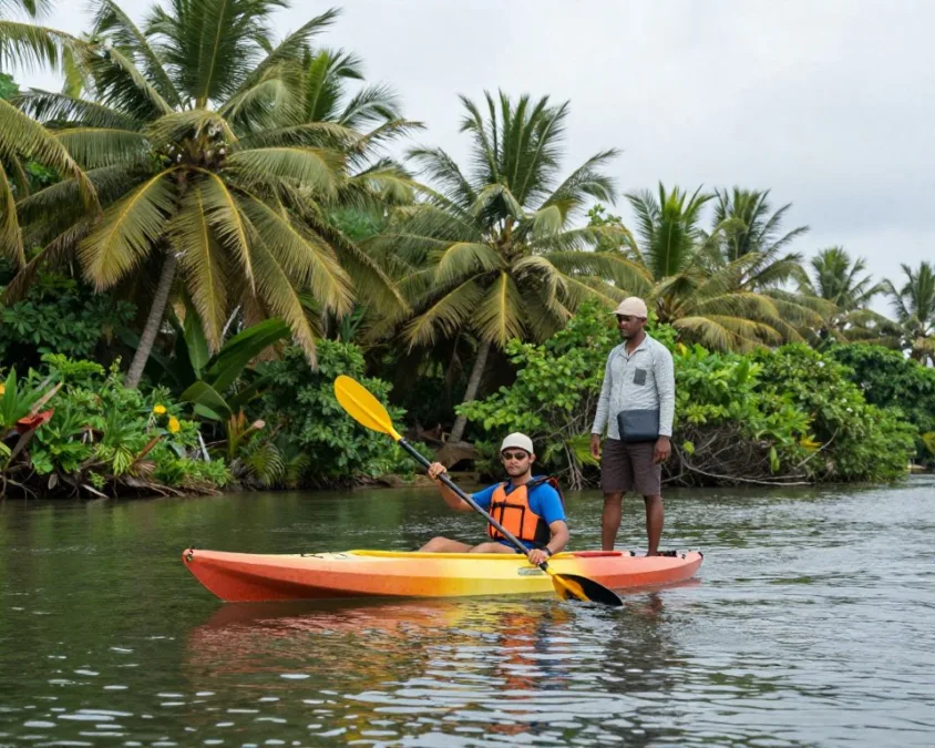Beginner kayaking in Kerala backwaters