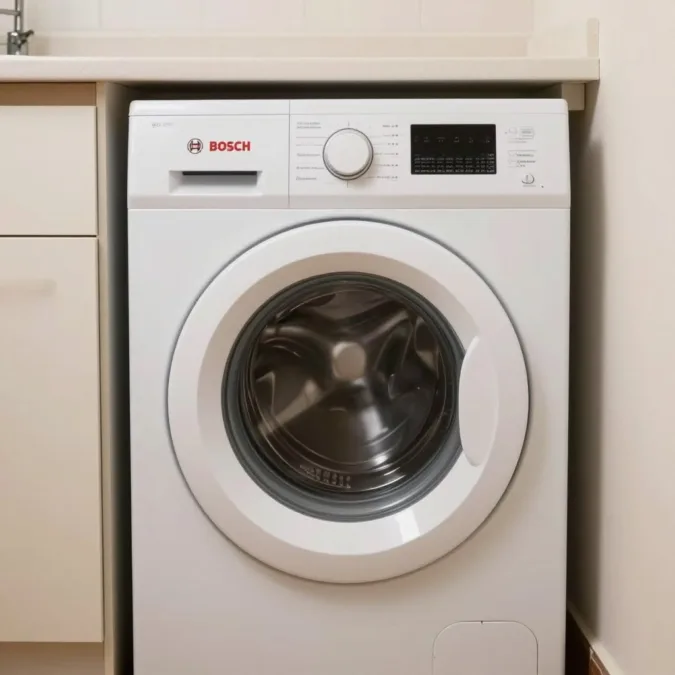 Bosch style quiet front load washing machine in an apartment