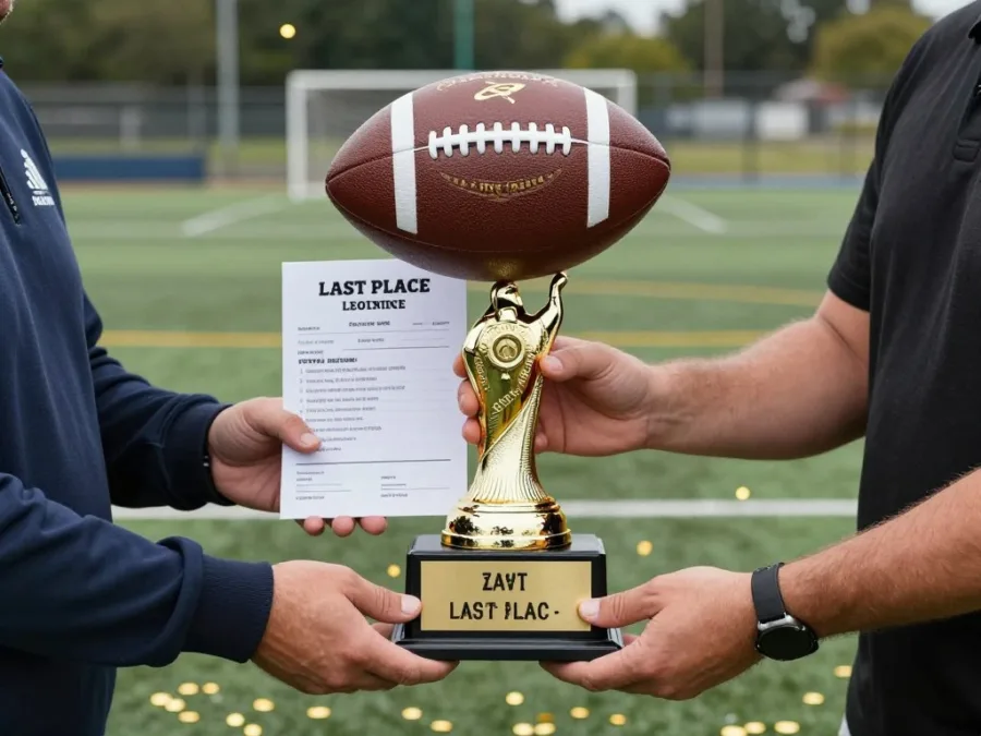 Custom last-place fantasy football trophy at a friendly league ceremony