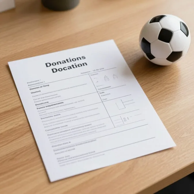 Donation receipt and fantasy football league rules beside a small football