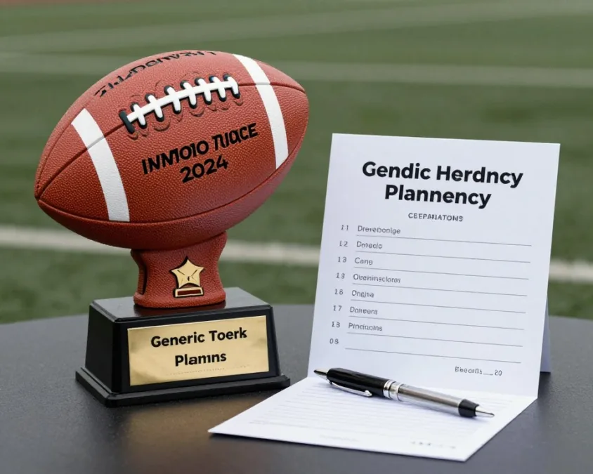Engraved fantasy football trophy and ceremony planning card