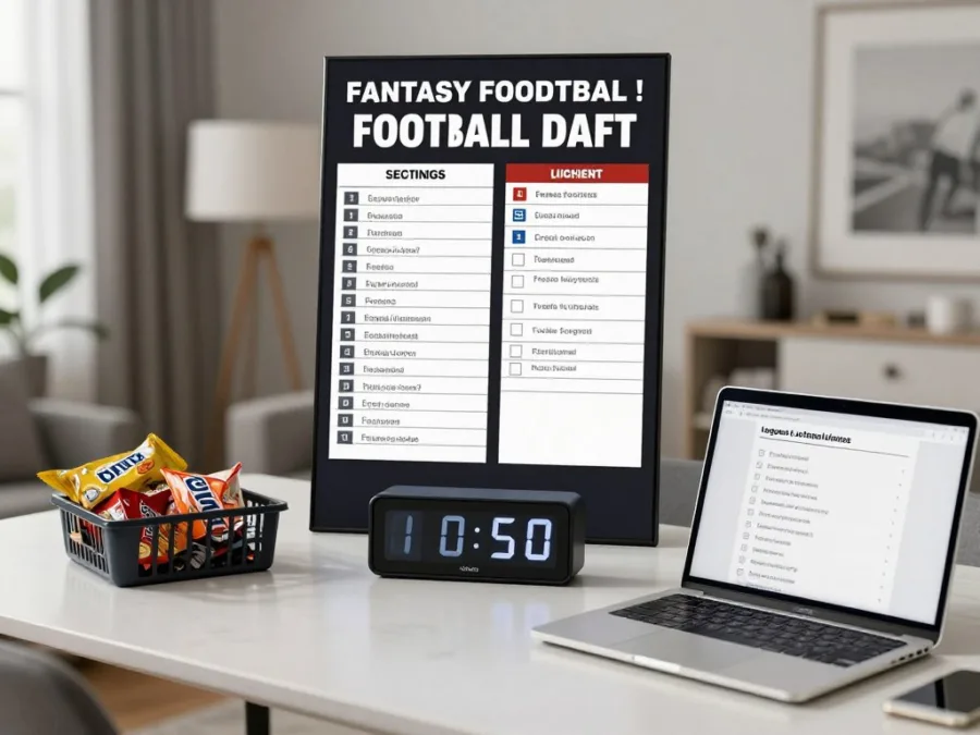 Fantasy football draft board with timer and league checklist