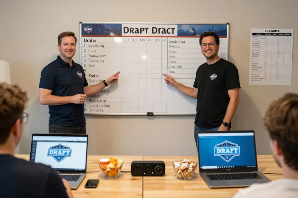 Fantasy football draft host preparing a board, timer, and food