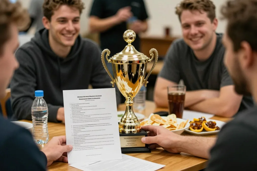 Fantasy football league celebrating a respectful last-place trophy ceremony