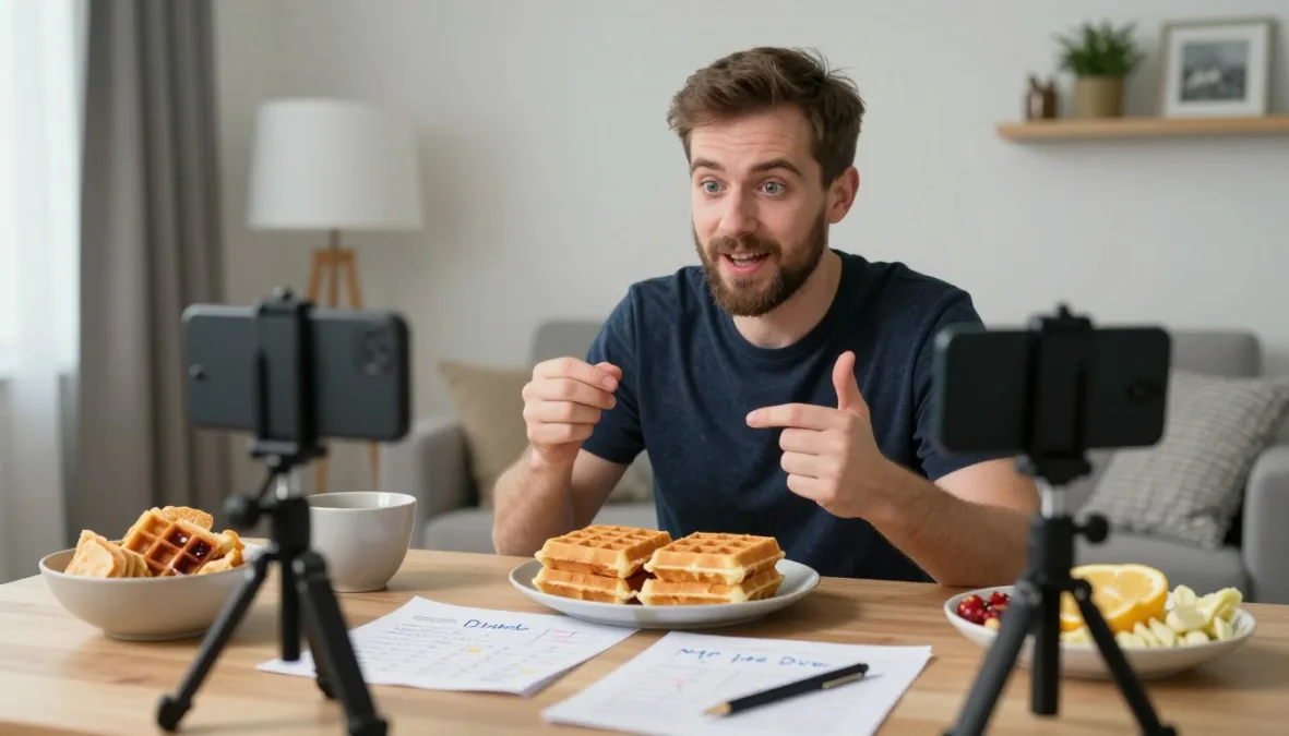 Fantasy football manager filming a safe food review video at home