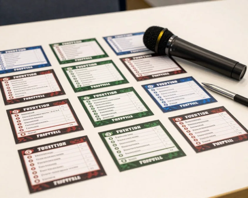 Fantasy football press conference question cards and standings sheet