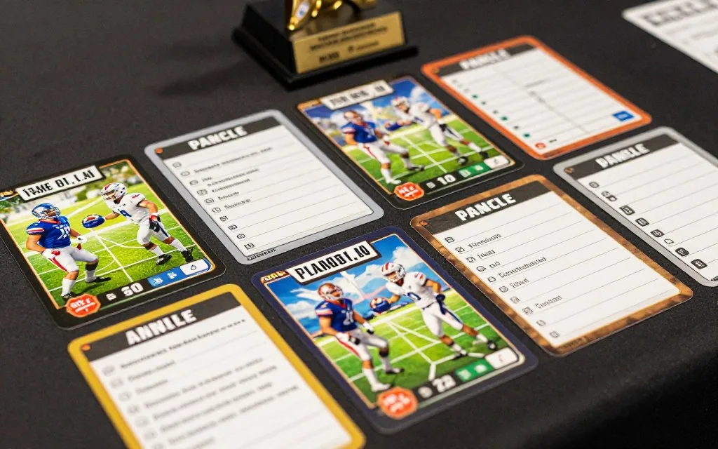 Fantasy football quiz cards and draft notes on a table