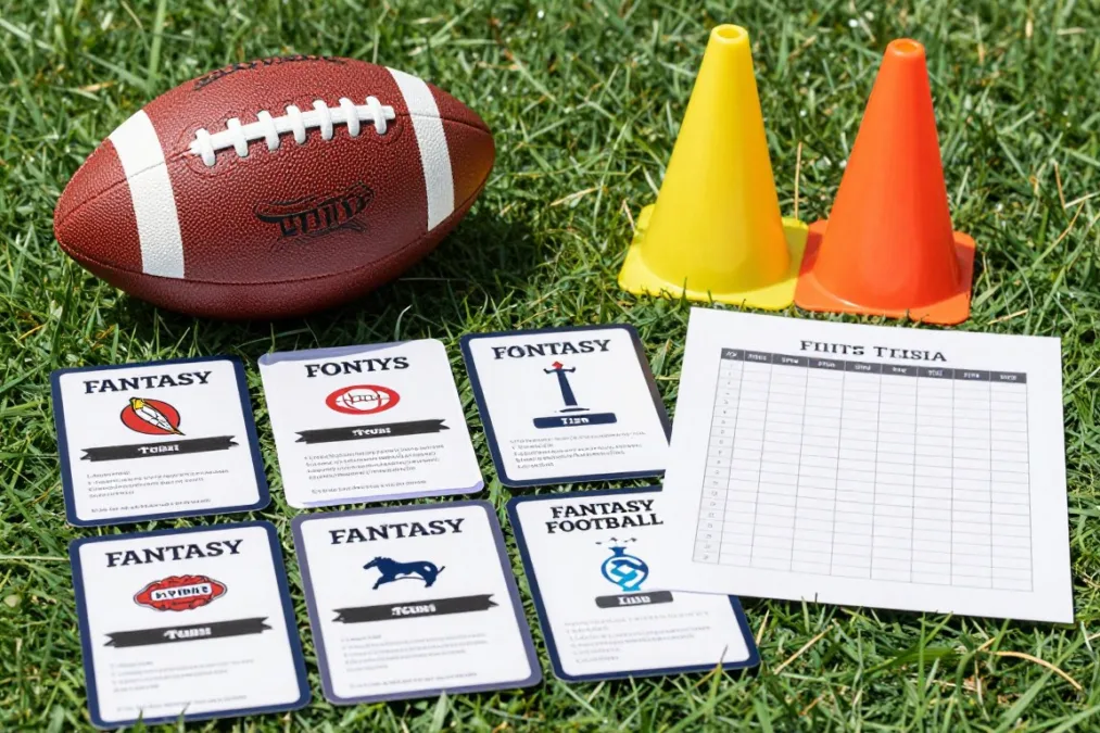 Fantasy football trivia cards and soft football for a league game