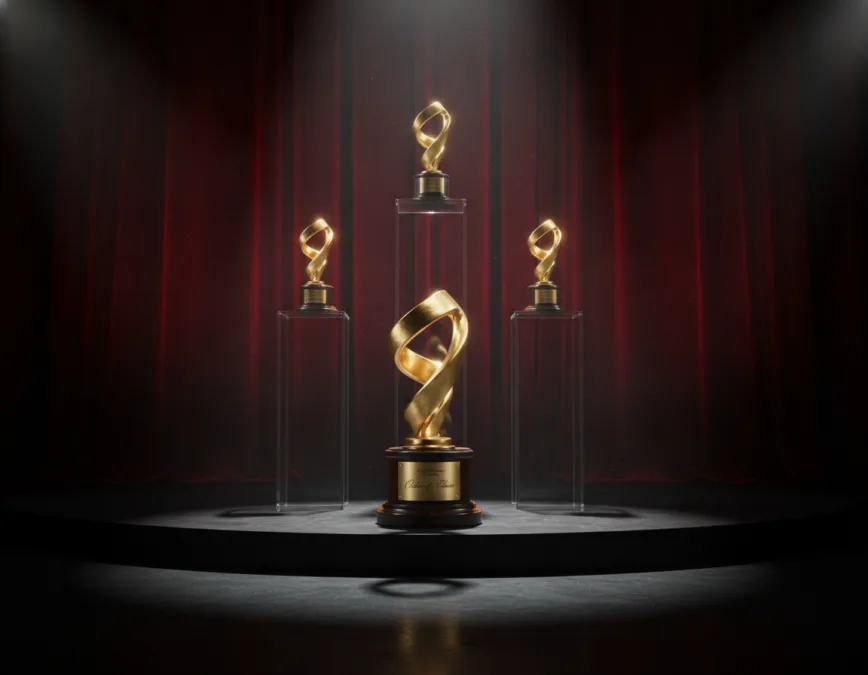 Film award display representing a long acting career Film award display representing a long acting career